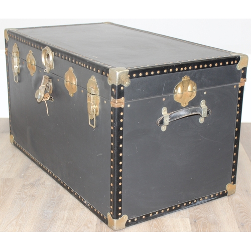 111 - A vintage style black shipping trunk with metal corners, approx 91cm wide x 51cm deep x 51cm tall