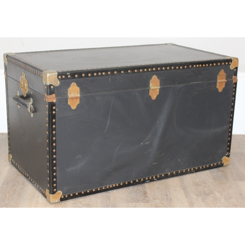 111 - A vintage style black shipping trunk with metal corners, approx 91cm wide x 51cm deep x 51cm tall