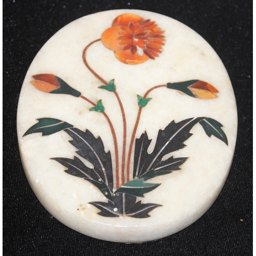 1470 - A vintage white marble pietra dura panel depicting a flower, oval shape, likely early 20th century, ... 