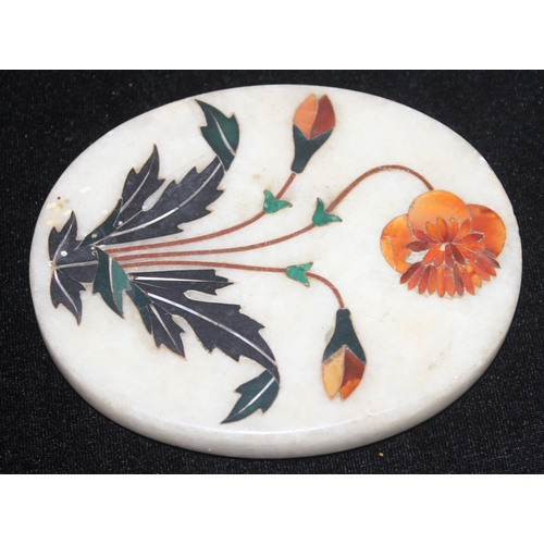 1470 - A vintage white marble pietra dura panel depicting a flower, oval shape, likely early 20th century, ... 