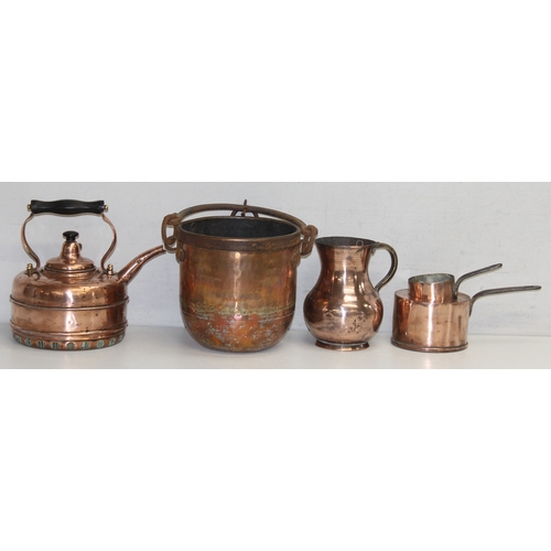 1627 - Mixed antique and later copperware items to incl a kettle, jug, bucket etc, tallest approx 21cm