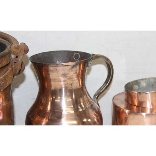 1627 - Mixed antique and later copperware items to incl a kettle, jug, bucket etc, tallest approx 21cm