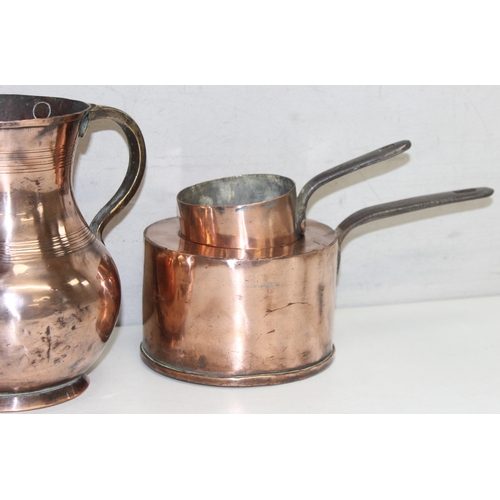 1627 - Mixed antique and later copperware items to incl a kettle, jug, bucket etc, tallest approx 21cm