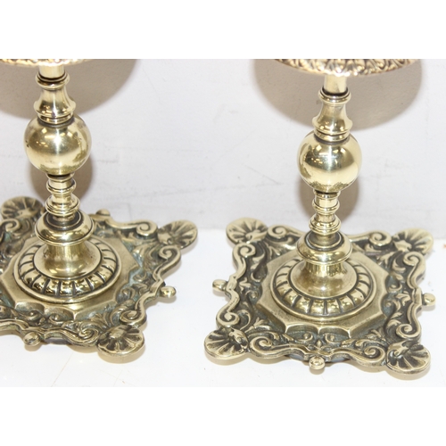 1628 - Pair of small antique ornate brass candle sticks, approx 17cm