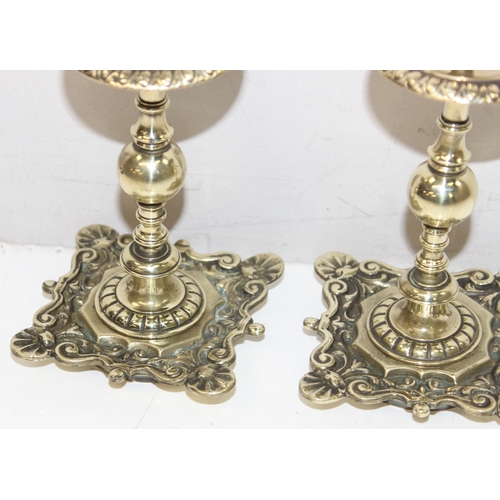 1628 - Pair of small antique ornate brass candle sticks, approx 17cm