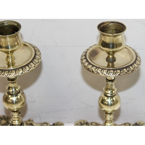 1628 - Pair of small antique ornate brass candle sticks, approx 17cm