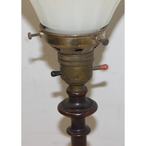 245 - Vintage turned wooden lamp with frosted glass flower shaped shade, approx 46cm H