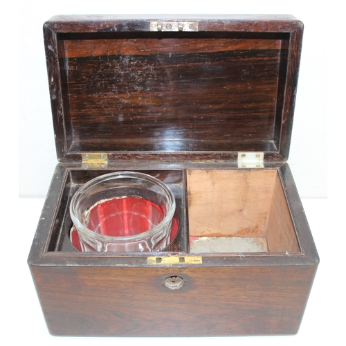 297 - Antique wooden tea caddy and a leather collar box with initials for C.H.S, largest approx 24cm x 14c... 