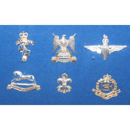 1444 - A set of vintage military cap badges presented in frame on blue felt background, mainly Staybrite ex... 