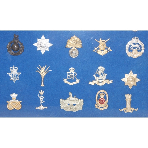 1444 - A set of vintage military cap badges presented in frame on blue felt background, mainly Staybrite ex... 