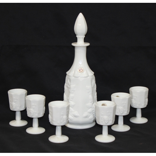 1666 - Westmoreland Milk Glass - a set of 6 glasses and a matching decanter, the decanter approx 33cm tall