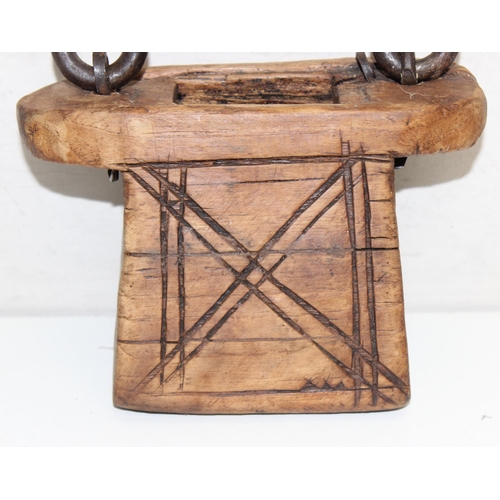 1675 - A vintage wooden box with iron handle, possibly a Scandinavian tinder box, approx 18cm wide