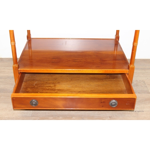 98 - A vintage good quality yew wood side table or bedside stand with low single drawer, approx 63cm wide... 