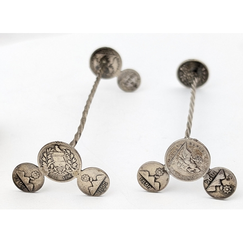 1110 - Qty of assorted interesting silver items to inc 2 knife rests formed from Guatemalan coins, and Indi... 