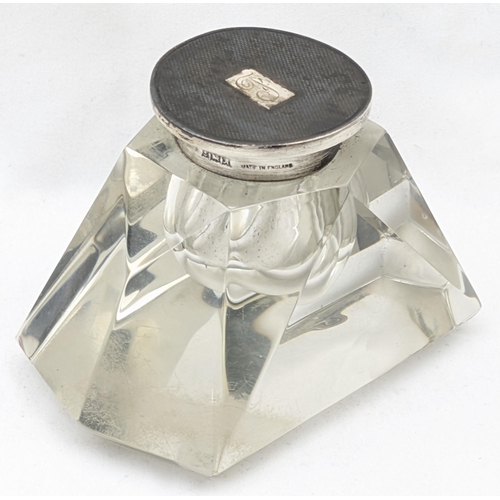 1112 - A silver topped inkwell with impressive cut glass body, marked for Birmingham 1950 by Adie Brothers,... 