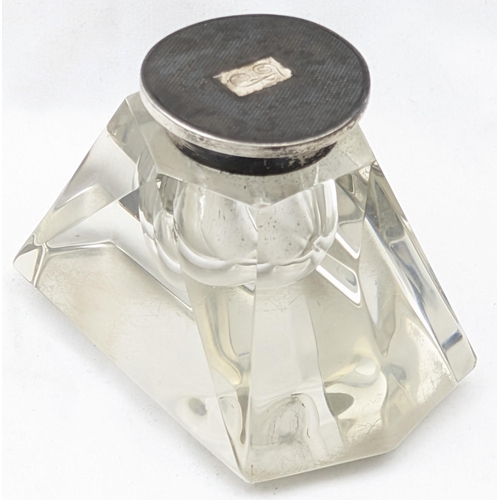 1112 - A silver topped inkwell with impressive cut glass body, marked for Birmingham 1950 by Adie Brothers,... 