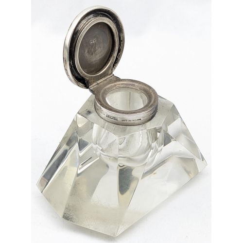 1112 - A silver topped inkwell with impressive cut glass body, marked for Birmingham 1950 by Adie Brothers,... 