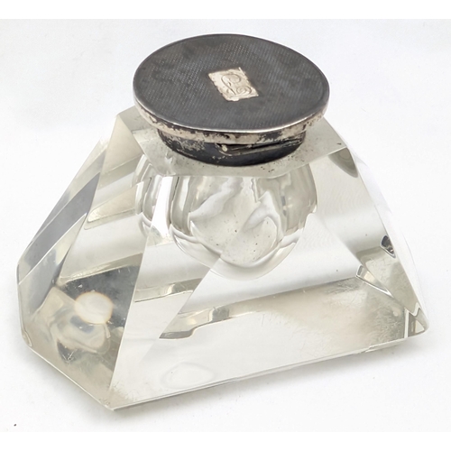 1112 - A silver topped inkwell with impressive cut glass body, marked for Birmingham 1950 by Adie Brothers,... 