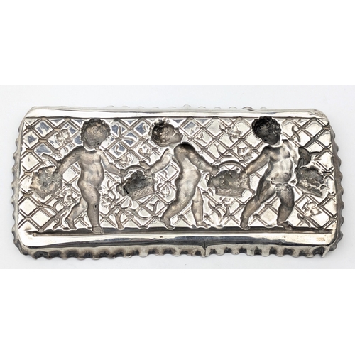 1114 - An antique embossed silver tray decorated with cherubs with baskets, marked for London 1891 by Samue... 