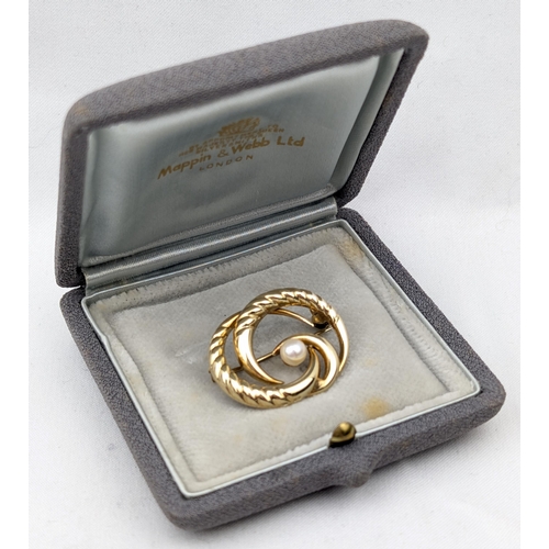 1155 - A retro 9ct gold brooch set with a pearl by Mappin & Webb, import marks for London 1981 and XRF conf... 