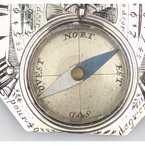 1364 - Nicholas Bion (French, 1652-1733) an 18th century silver Butterfield type compass sundial in origina... 