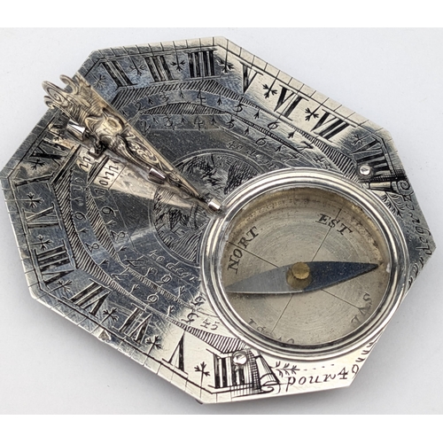 1364 - Nicholas Bion (French, 1652-1733) an 18th century silver Butterfield type compass sundial in origina... 