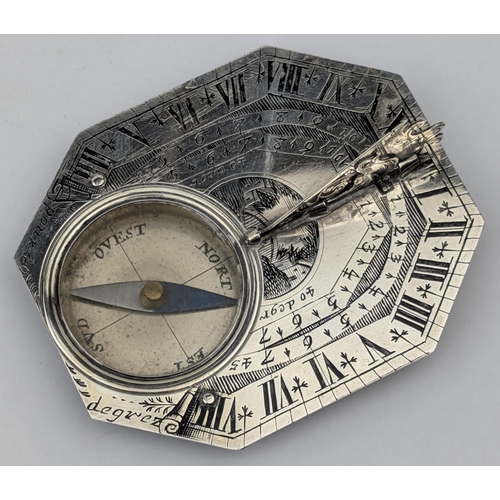 1364 - Nicholas Bion (French, 1652-1733) an 18th century silver Butterfield type compass sundial in origina... 