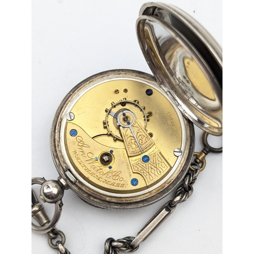 1366 - 2 silver cased pocket watches, one by Waltham with partial silver Albert chain, case marked for Birm... 