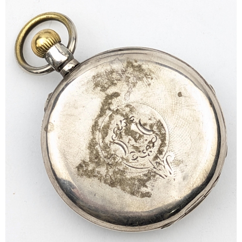 1366 - 2 silver cased pocket watches, one by Waltham with partial silver Albert chain, case marked for Birm... 