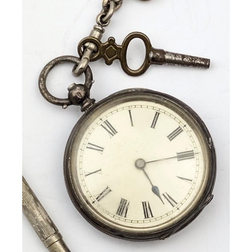 1371 - A vintage silver cased keywind fob watch with unmarked low grade silver albertina chain and silver p... 