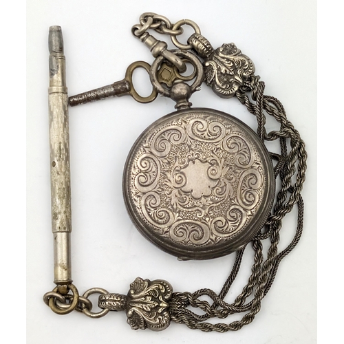 1371 - A vintage silver cased keywind fob watch with unmarked low grade silver albertina chain and silver p... 