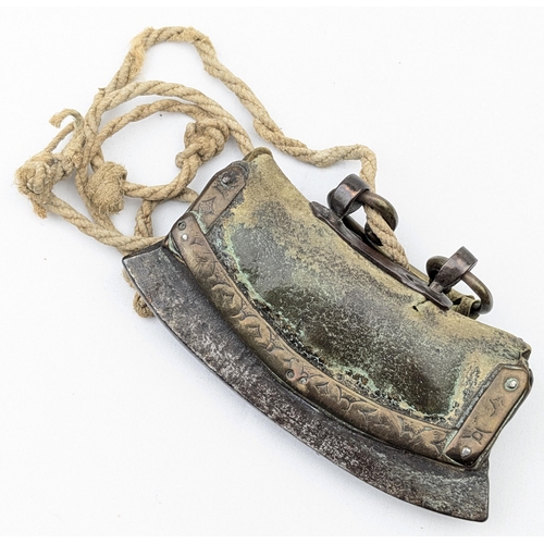 1453 - An antique leather and brass tinder pouch or Chuckmuck, possibly Tibetan or Chinese, with steel ligh... 