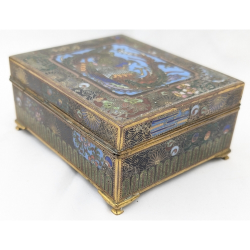 1490 - A fine quality cloisonne enamel box decorated with a peacock to lid, gilt interior, believed to be J... 