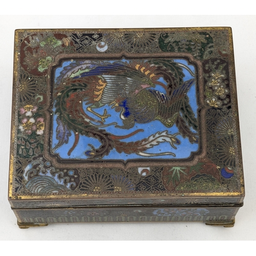 1490 - A fine quality cloisonne enamel box decorated with a peacock to lid, gilt interior, believed to be J... 