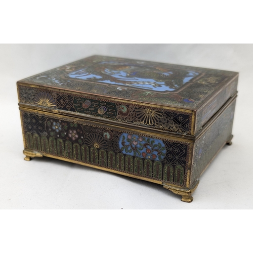 1490 - A fine quality cloisonne enamel box decorated with a peacock to lid, gilt interior, believed to be J... 