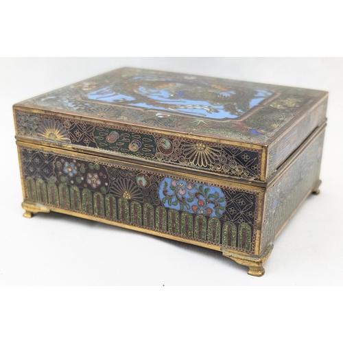 1490 - A fine quality cloisonne enamel box decorated with a peacock to lid, gilt interior, believed to be J... 