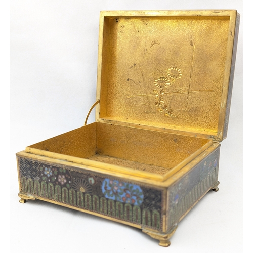 1490 - A fine quality cloisonne enamel box decorated with a peacock to lid, gilt interior, believed to be J... 