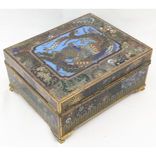 1490 - A fine quality cloisonne enamel box decorated with a peacock to lid, gilt interior, believed to be J... 