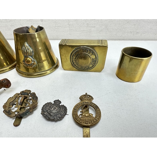 1438 - Qty of assorted military related items to inc trench art, badges, a silver Royal Engineers sweethear... 