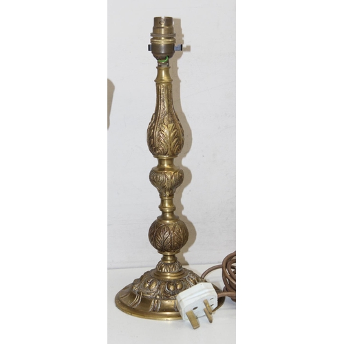 248 - Qty of assorted vintage brass and other lamps and lamp parts, one formed from an old teapot, the lar... 