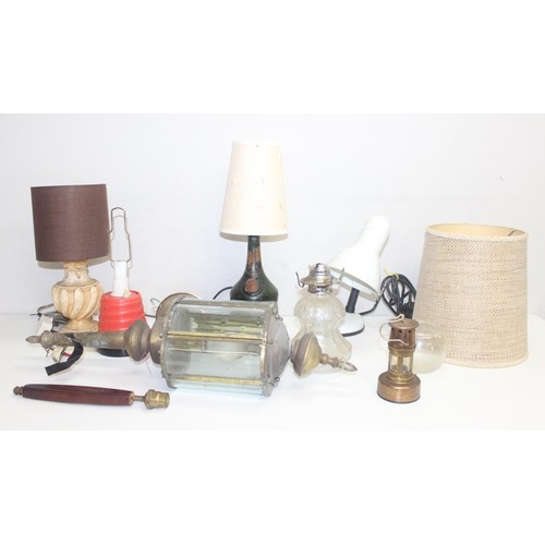 248 - Qty of assorted vintage brass and other lamps and lamp parts, one formed from an old teapot, the lar... 