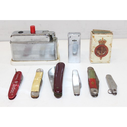 1679 - Qty of assorted vintage penknives, some lighters etc and an Oxford & Bucks Light Infantry matchbox c... 