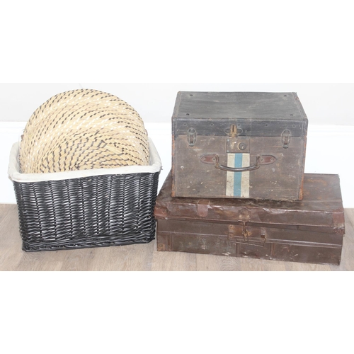 1683 - 2 vintage trunks, one metal and one canvas with labels and 2 wicker baskets, the metal trunk approx ... 