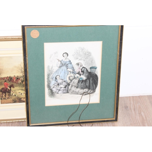 403 - Qty of antique and later framed prints and a mirror, largest approx 44cm 32cm