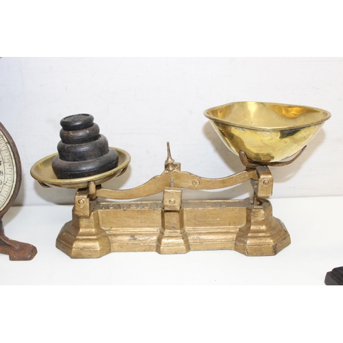 1684 - Qty of mixed metalware, mostly cast iron, to incl vintage irons, scales, carriage footwarmer etc