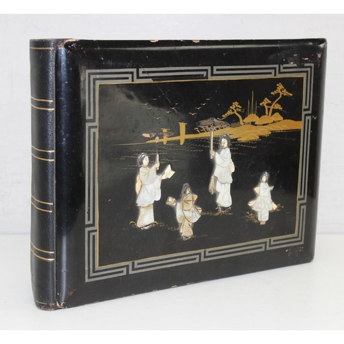 562 - Qty of ephemera to inc a Japanese black lacquered photograph album, likely late 19th or early 20th c... 