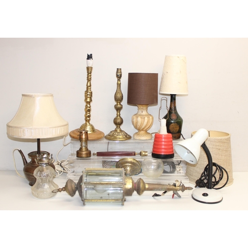 248 - Qty of assorted vintage brass and other lamps and lamp parts, one formed from an old teapot, the lar... 