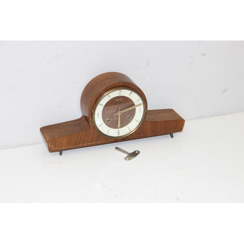 1379 - A retro Olympic brand mantel clock, German made mechanical movement with key and wooden case, approx... 