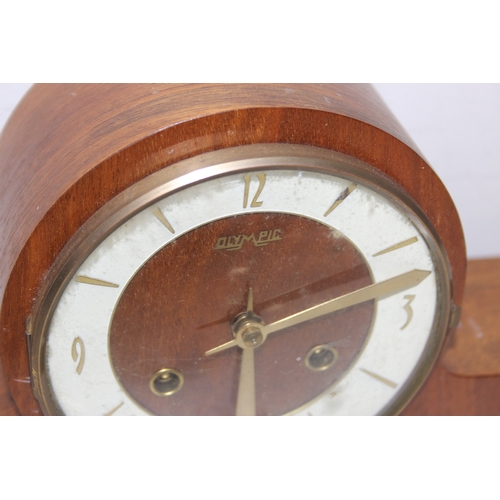 1379 - A retro Olympic brand mantel clock, German made mechanical movement with key and wooden case, approx... 