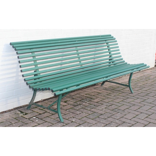 303 - Green painted metal bench with matching side table, approx 201cm W x 70cm D x 82cm H